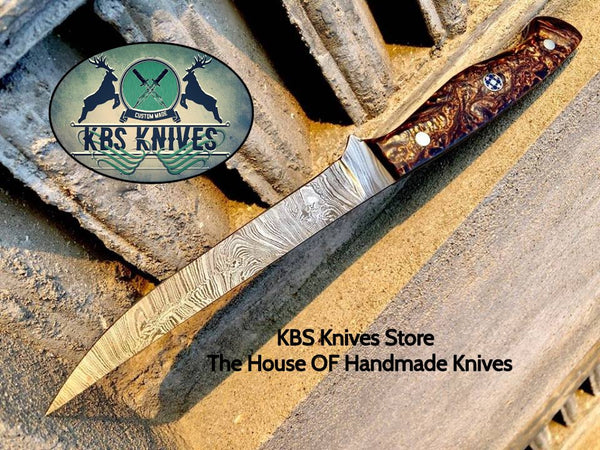 Damascus Steel Handmade Fillet Boning Knife with Gold Epoxy Resin Handle, 9.25 Inches Overall Length, and Leather Sheath by KBS Knives Store