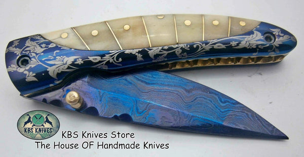 New Custom Handmade Patina-Color Damascus EDC Folding Knife
