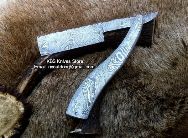 Premium Antique Razor Damascus Steel Blade Damascus Steel Scales Handle Leather Case Traditional Grooming Vintage Shaving Tool Antique Razor Collectibles KBS Knives Store Handcrafted Razor Luxury Antique Razor