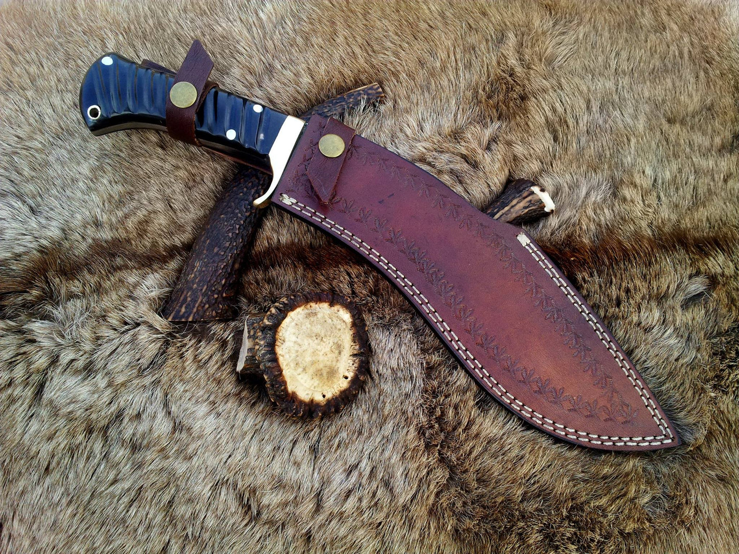 14-inch Damascus Steel Gurkha Kukri with Leather Sheath and Brass Guard.
