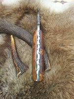 Damascus steel blade Guthook knife with leather sheath
