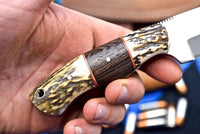 "Antler horn and Wenge wood handle of the hunting knife."
