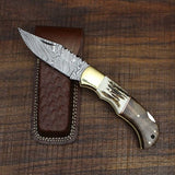 Custom Handmade Damascus Steel Folding Pocket Knife with Rosewood, Antler Horn, and Brass Bolster Handle and Leather Case - Perfect for Father's Day, Groomsman Gifts, and More by KBS Knives Store