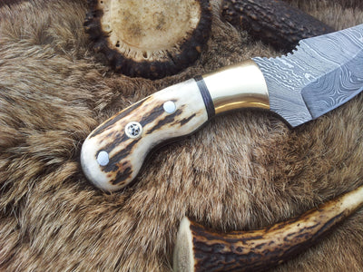 Drop point blade on a Damascus steel field dressing knife with brass bolster.
