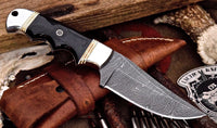 "Buffalo horn handle of the deer hunting knife featuring steel bolsters."
