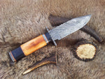Custom handmade Damascus hunting knife with color bone and buffalo horn handle
