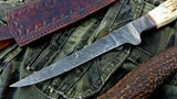Handmade Damascus Steel Fillet Boning Knife with Antler Horn and Damascus Bolster Handle