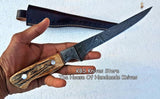 KBS Knives Store Handmade Damascus Steel Fillet Boning Knife with Deer Antler Horn and Damascus Bolster Handle and Leather Sheath