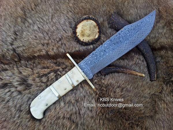 Deluxe Dundee Bowie Knife - Premium Damascus Steel Blade, Bone Handle, Brass Guard, and Leather Sheath - Available at KBS Knives Store