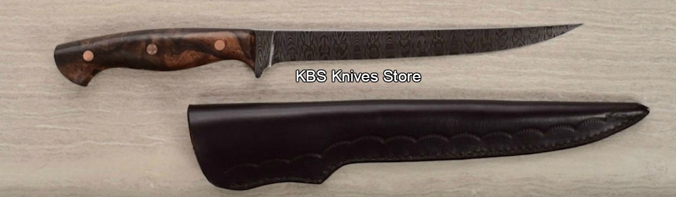 Handmade Damascus Steel Fillet Boning Knife with Cocobolo Burl Wood and Brass Mosaic Handle, 13-inch Overall Length by KBS Knives Store