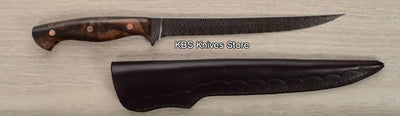 Handmade Damascus Steel Fillet Boning Knife with Cocobolo Burl Wood and Brass Mosaic Handle, 13-inch Overall Length by KBS Knives Store