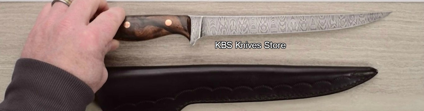 Handmade Damascus Steel Fillet Boning Knife with Cocobolo Burl Wood and Brass Mosaic Handle, 13-inch Overall Length by KBS Knives Store