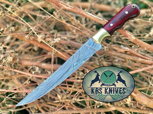 Damascus Steel Handmade Fillet Boning Knife with Exotic Wood and Brass Bolster Handle, 13 inches" by KBS Knives Store