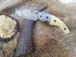Everyday Carry Damascus Steel Folding Pocket Knife with bone handle and Damascus bolster