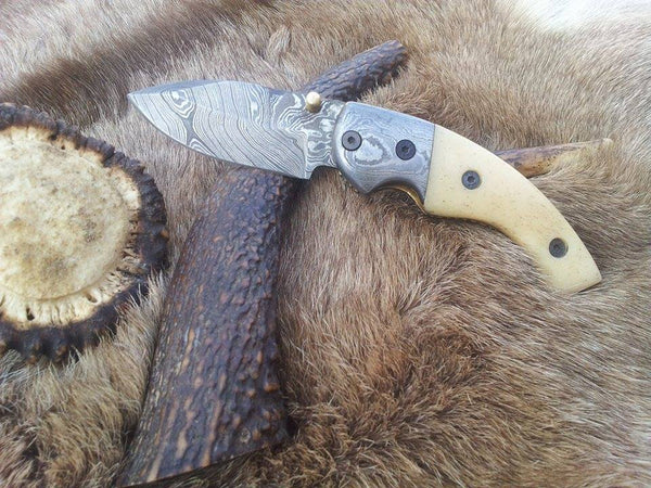 Everyday Carry Damascus Steel Folding Pocket Knife with bone handle and Damascus bolster