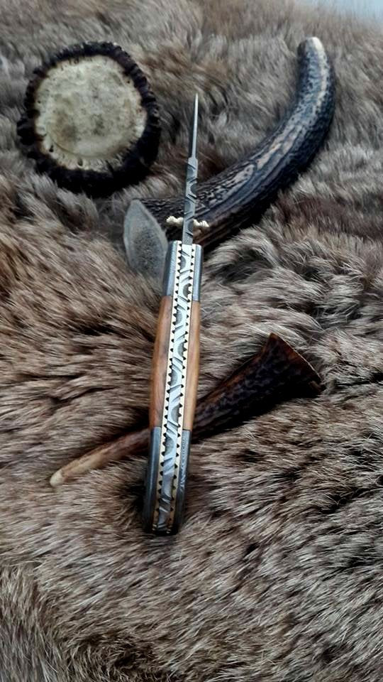 KBS Knives Store's Woodland Edge Folding Pocket Knife with leather sheath and Damascus steel blade