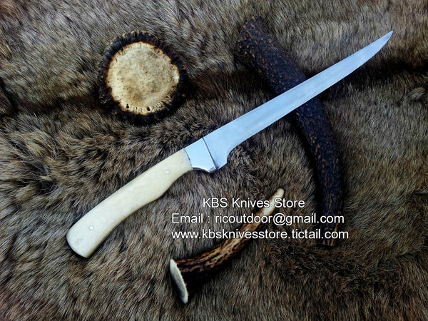 D2 Steel Handmade Fillet Boning Knife with Rose Bone and Steel Bolster Handle - KBS Knives Store