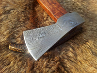 Handmade Custom Viking Axe with Damascus Steel Blade, Rosewood Handle, and Leather Sheath - KBS Knives Store