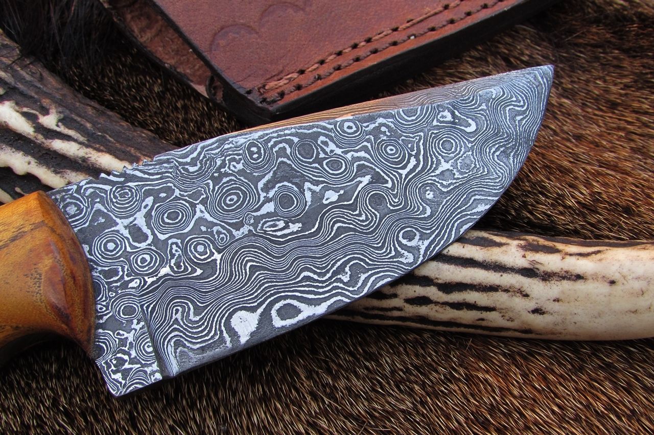 Full view of the Damascus steel drop point knife, ideal for field dressing.
