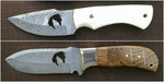 "Deer Hunting Skinning Knife with Damascus steel wolf wirecut blade."
