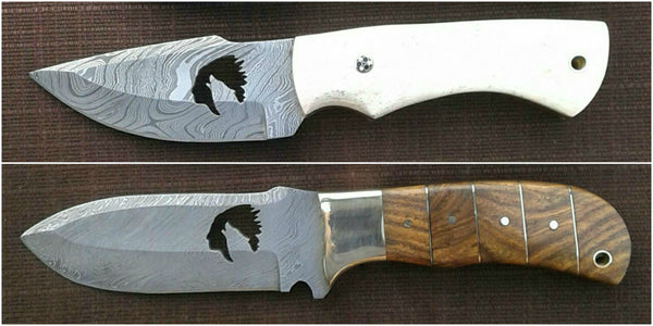 "Deer Hunting Skinning Knife with Damascus steel wolf wirecut blade."
