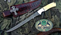 KBS Knives Store Handmade Damascus Steel Fillet Boning Knife with Bone and Steel Bolster Handle and Leather Sheath