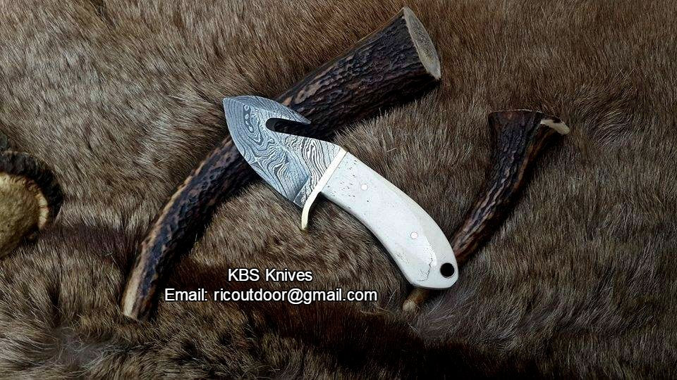 Mini Guthook knife with custom Damascus steel blade and rosewood handle with brass guard
