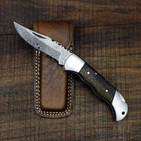 Custom Handmade Damascus Steel Folding Pocket Knife with Rosewood and Steel Bolsters Handle and Leather Case - Perfect for Father's Day, Groomsman Gifts, and More by KBS Knives Store