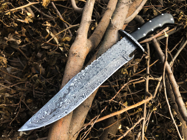 "Best Hunting Big Bowie Knife with Full Tang Raindrop Damascus Blade and Canvas Micarta Handle, 17 Inches, Leather Sheath, Available at KBS Knives Store"