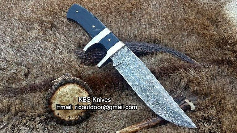 Stealth Hunter 10-Inch Damascus Fixed-Blade Hunting Knife with Buffalo Horn Handle

