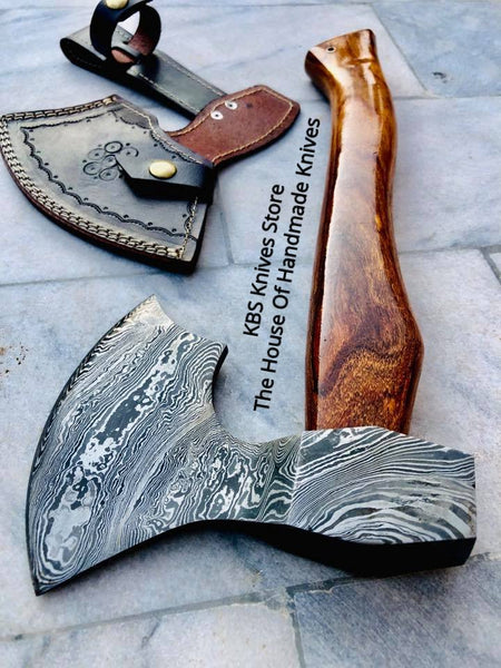 Handmade Custom Viking Axe with Damascus Steel Blade and Rosewood Handle, Leather Sheath Included - By KBS Knives Store