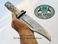 Best Hunting Bowie Knife with Damascus Blade and Hand Engraved Bone Handle, 12 Inches, Leather Sheath, Available at KBS Knives Store