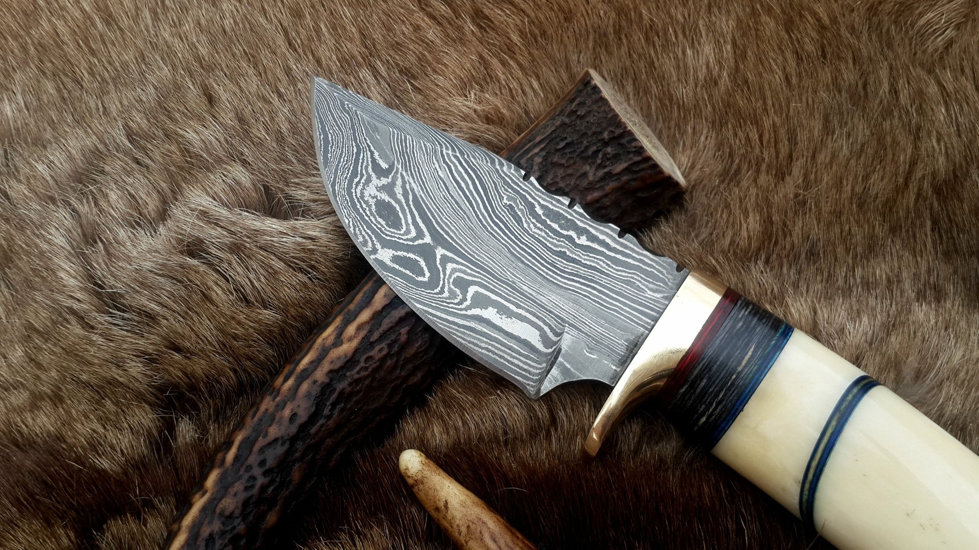 Damascus steel blade hunting knife with colorful sheets and brass guard
