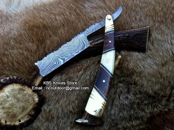 Antique Straight Razor Damascus Steel Blade Bone, Rosewood, and Brass Bolsters Leather Case Traditional Grooming Vintage Shaving Tool Straight Razor Collectibles KBS Knives Store Handcrafted Razor Premium Antique Razor