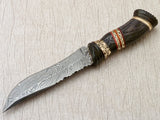 Damascus hunting knife securely stored in a premium leather sheath