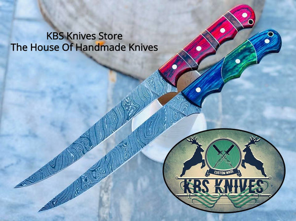 Damascus Steel Handmade Fillet Boning Knife with Exotic Color Wood Handles, 13 Inches with Leather Sheath by KBS Knives Store