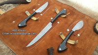 3 Piece Damascus Steel Hunting Knives Set with Buffalo Horn Handles and Leather Roll by KBS Knives Store