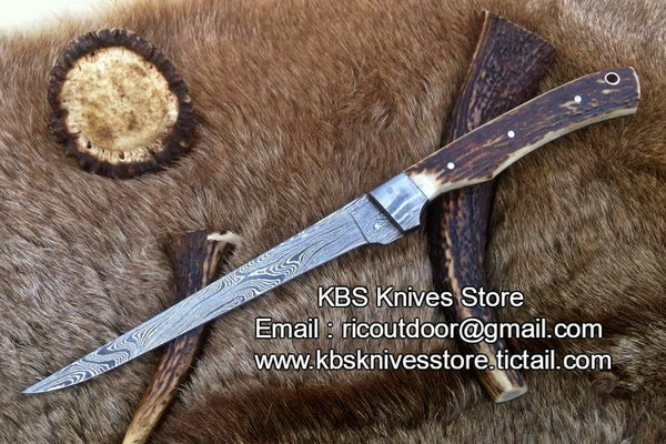 Handmade Damascus Steel Fillet Boning Knife with Antler Horn and Damascus Bolster Handle - 12 inches by KBS Knives Store