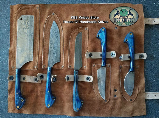 Meat Processing Kit – 5-Piece Damascus Steel Knife Set with Leather Roll

