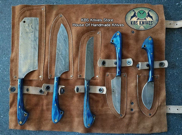 Meat Processing Kit – 5-Piece Damascus Steel Knife Set with Leather Roll

