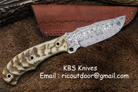 Handmade Damascus Skinning Knife with sheep horn handle