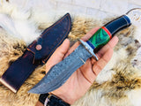 "Full view of hunting knife with protective leather sheath."
