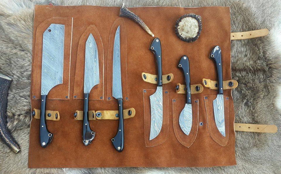 Wild Game Processors – Handmade 6-Piece Damascus Steel Knife Set with Buffalo Horn Handles

