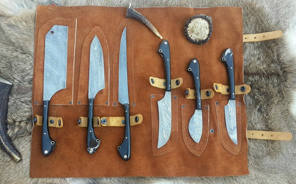 Wild Game Processors – Handmade 6-Piece Damascus Steel Knife Set with Buffalo Horn Handles

