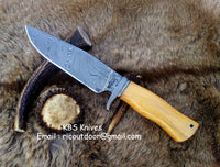 Custom handmade Damascus hunting knife with olivewood handle
