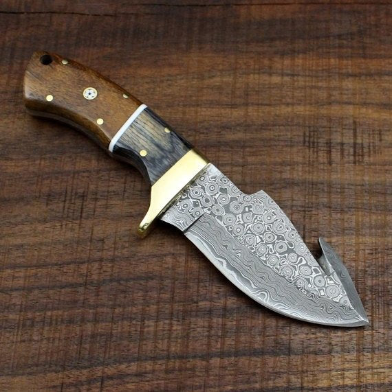 Full Tang Custom Handmade Damascus Steel Raindrop Guthook Skinning Knife