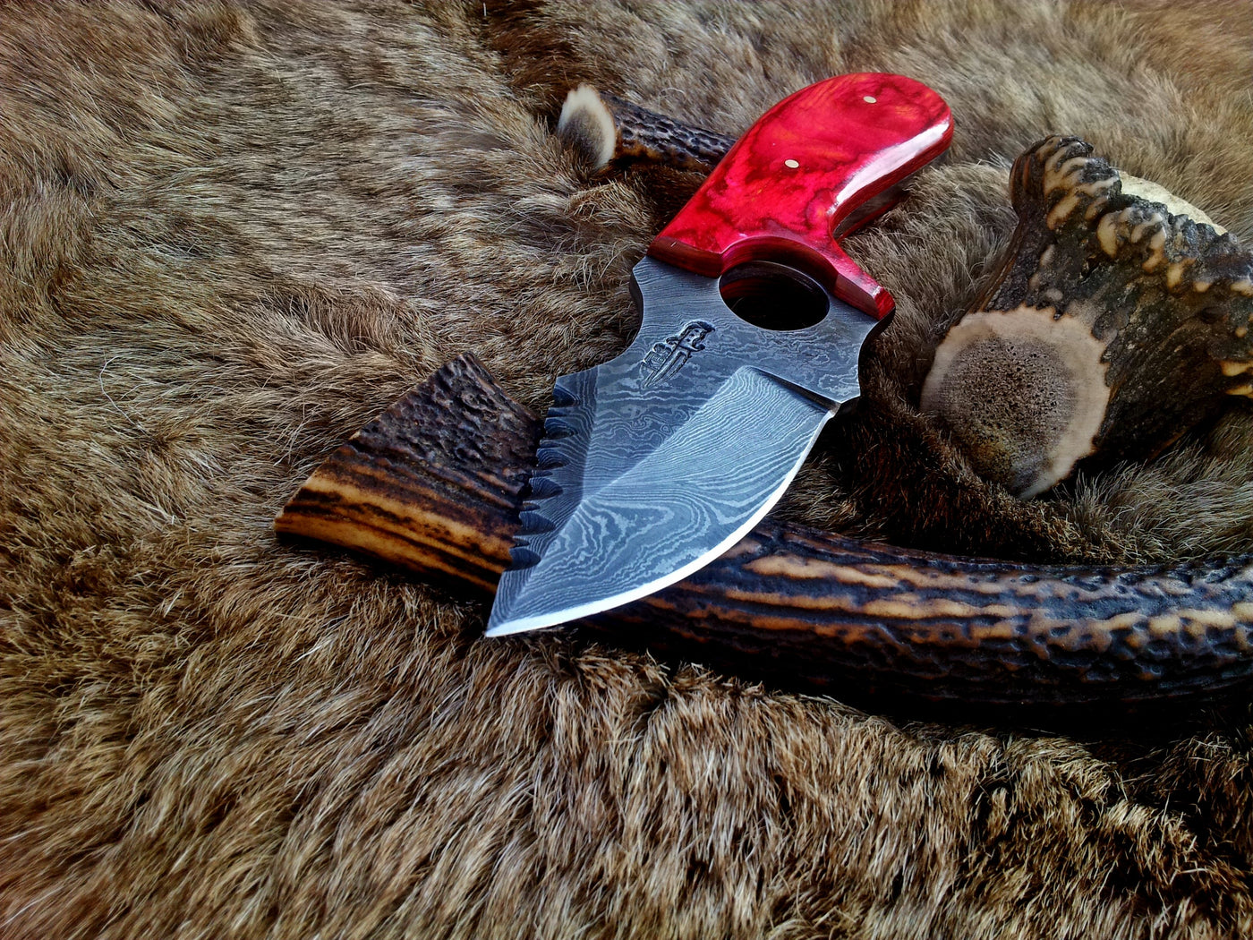 Exotic Pakka wood handle on a custom Damascus steel deer skinning knife.
