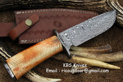 Close-up of Damascus steel blade on KBS Knives hunting knife
