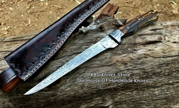 KBS Knives Store Handmade Damascus Steel Fillet Boning Knife with Antler Horn and Damascus Bolster Handle and Leather Sheath