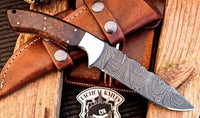 "Custom handmade Damascus steel hunting knife with rosewood handle."
